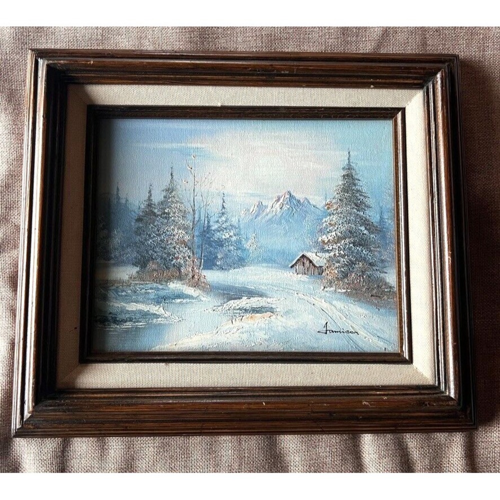 Signed Original Jamison Oil Painting Signed Winter Landscape Framed 12.5x14.5"